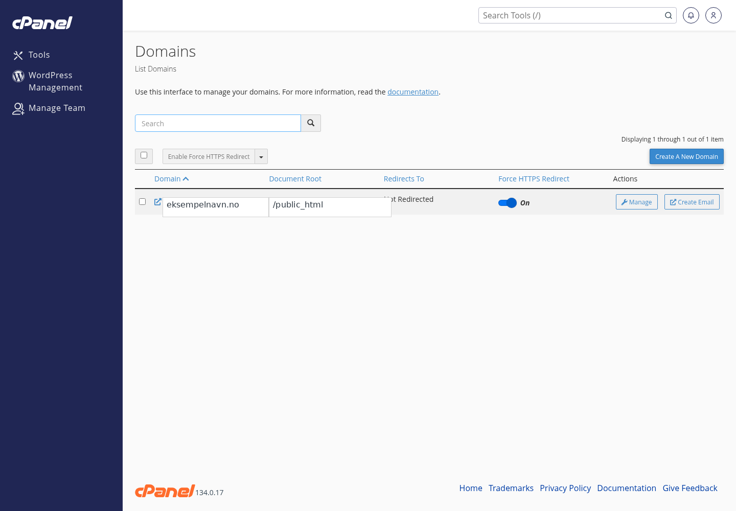 Sanitisert skjermbilde av Domains-siden i cPanel