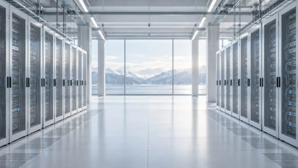 Lys moderne serverhall med norsk fjord- og fjellandskap
